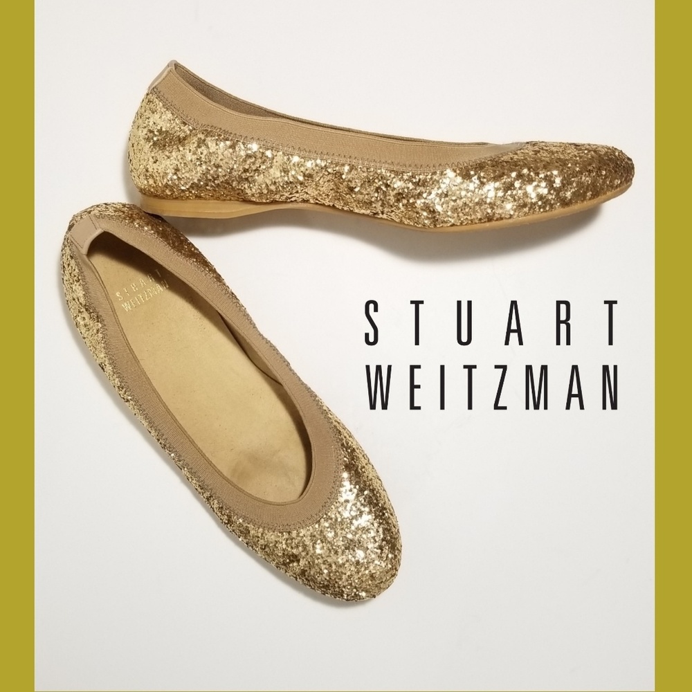 Stuart Weitzman Gold Glitter Lastikon Ballet Flats